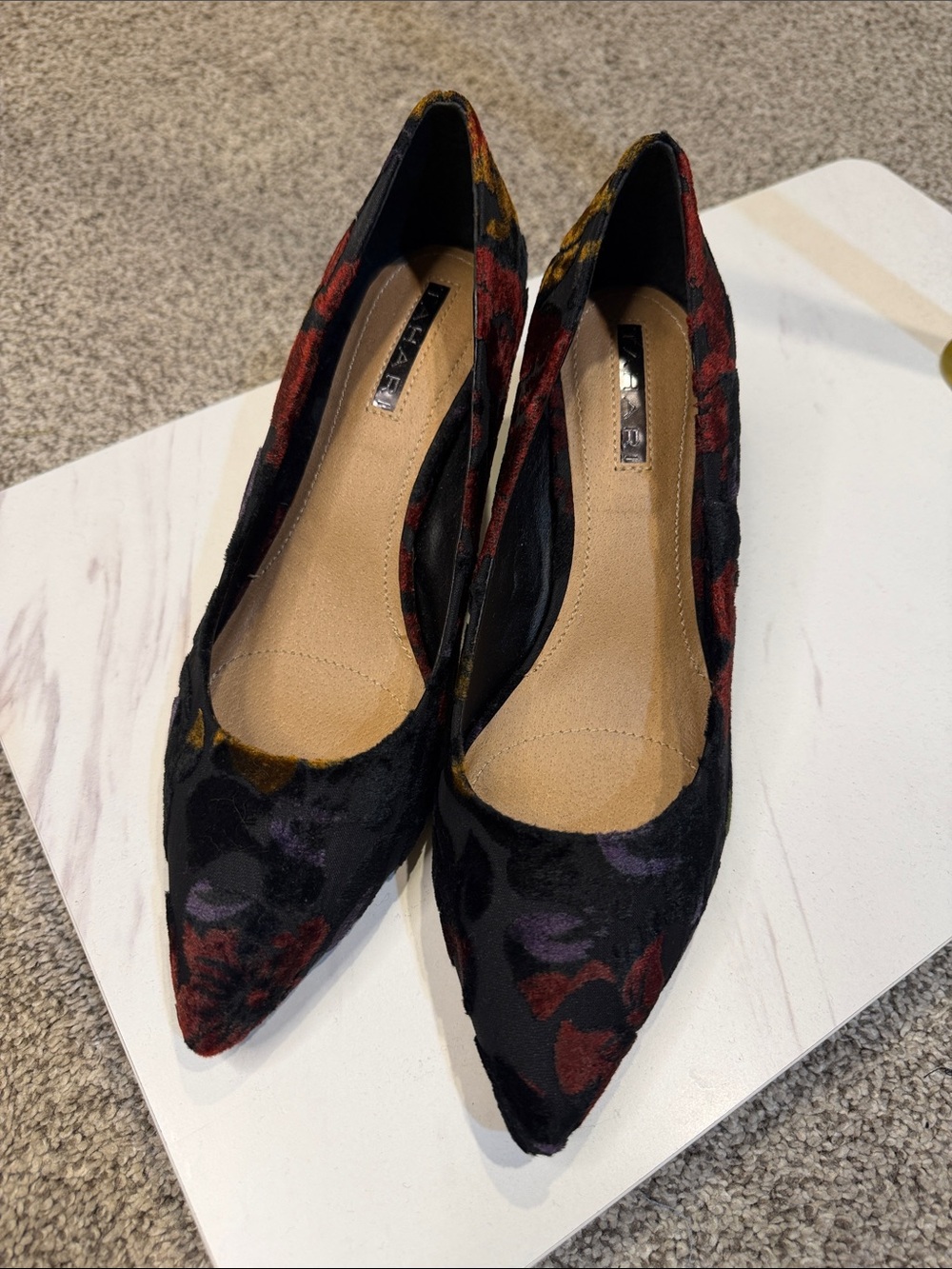 Tahari Women’s Pointed Toe Floral Velvet 2 inch Heels- Black Multi